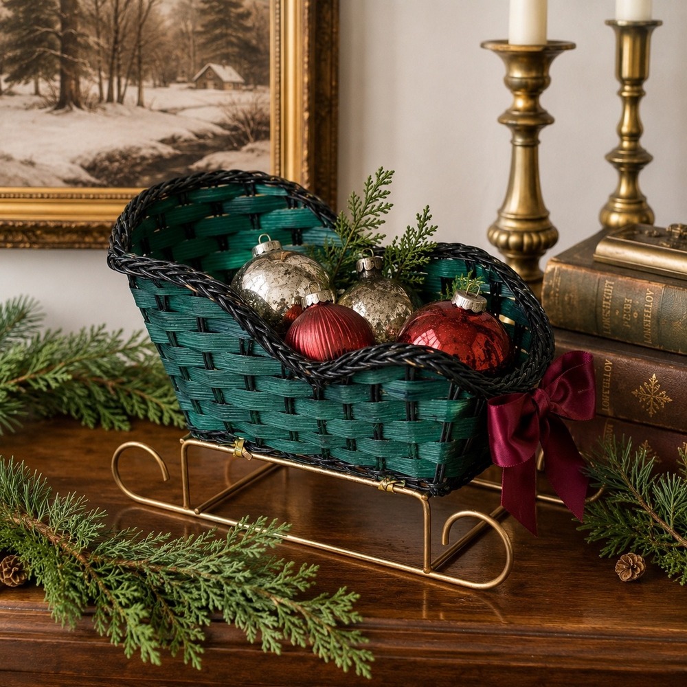Vintage Christmas Sleigh Basket Green Woven Holiday Centerpiece Decor Bow